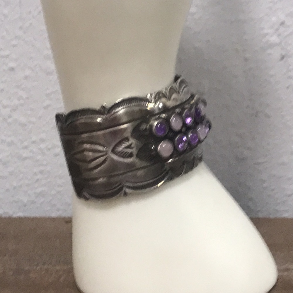 vintage sterling designer El Tom purple stone native american cuff bracelet - Picture 3 of 12